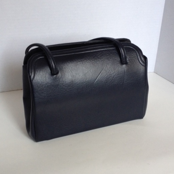 Vintage Navy Vegan Leather bag with Clasp Closure - Picture 3 of 7